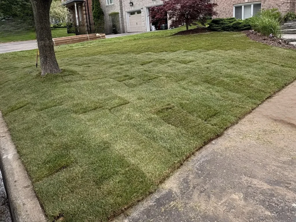 Freshly installed sod lawn project completed in Barrie